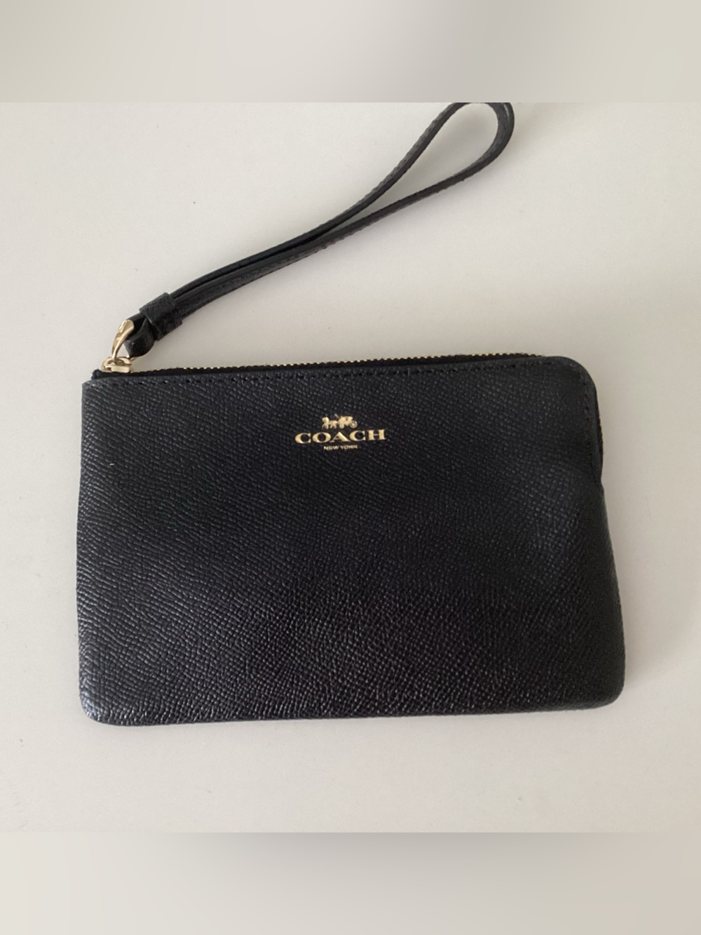 Coach Black Leather Zip Wristlet with Gold Logo